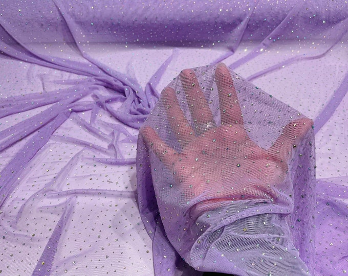 Lilac Sheer All Over AB Rhinestones On Stretch Power Mesh Fabric, Sold by The Yard.
