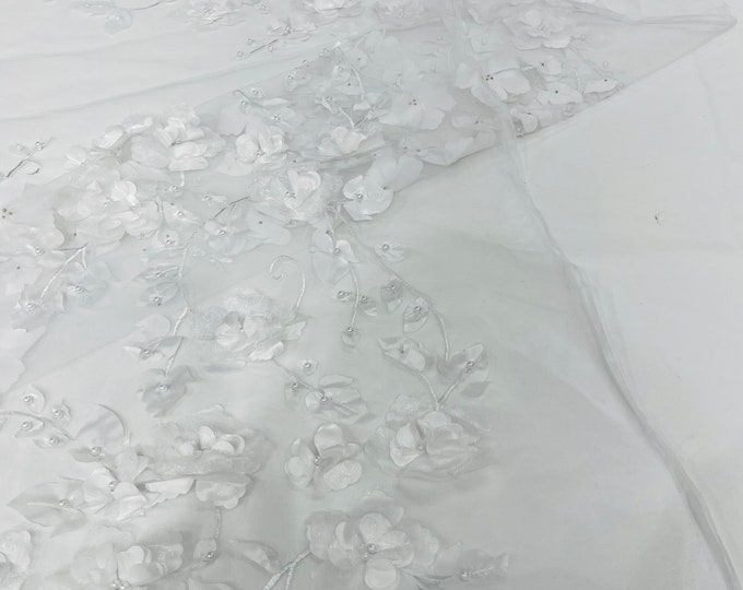 White Orquidia 3d floral design embroider with pearls in a mesh lace fabric-dresses-fashion-decorations-prom-sold by the yard.