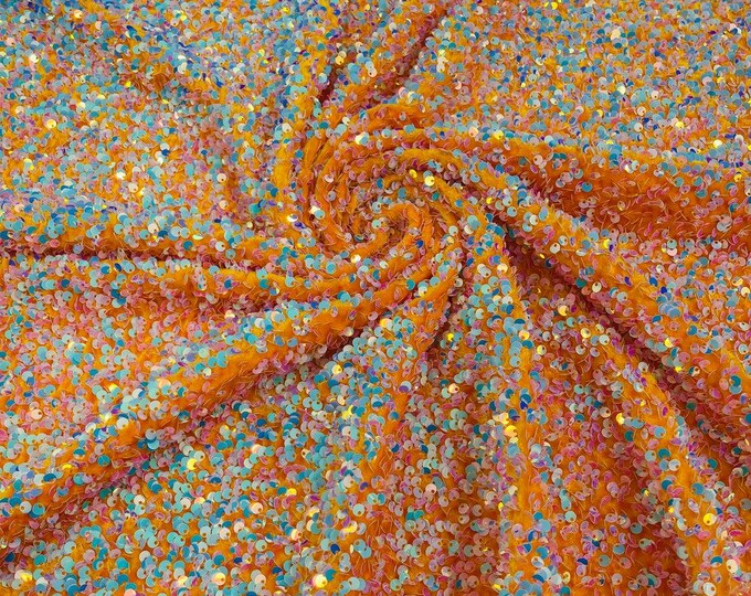 Aqua Blue / Orange stretch velvet with luxury Silver sequins all over 5mm shining sequins 2-way stretch, sold by the yard.