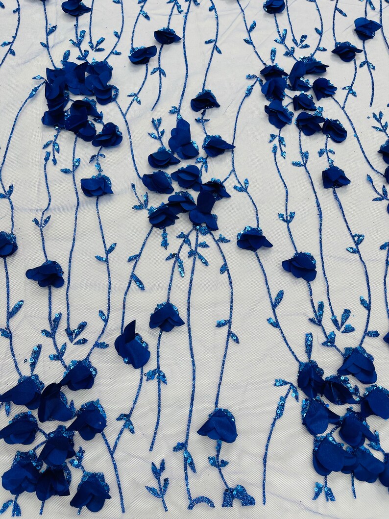 Royal Blue 3d Satin Flower Glitter Sequin Fabric/prom Fabric/wedding ...