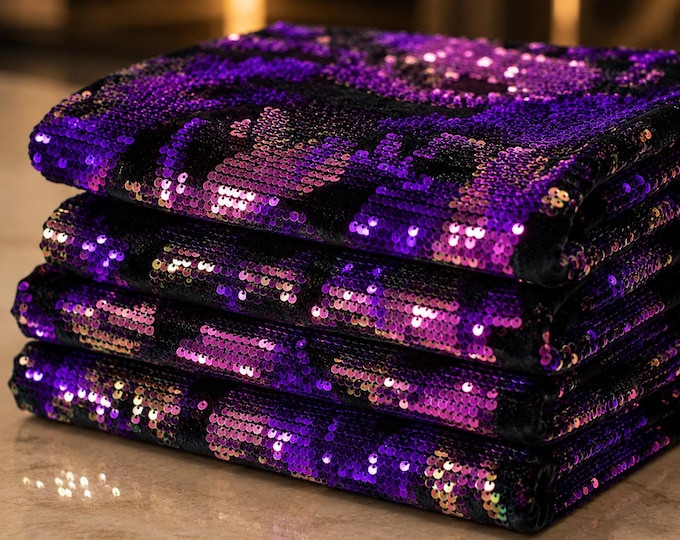 Purple Lavender Iridescent Flip Sequin Camouflage Stretch Velvet Fabric By The Yard, Reversible Mermaid Sequin Fabric, Prom Dress Fabric