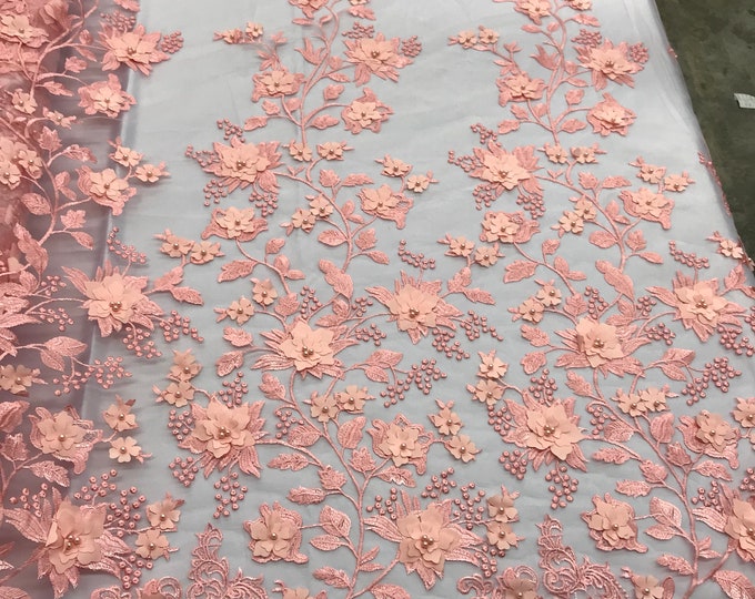 Blush peach 3d floral design embroidery with pearls on a mesh lace-dresses-fashion-prom-apparel-nightgown-sold by the yard.