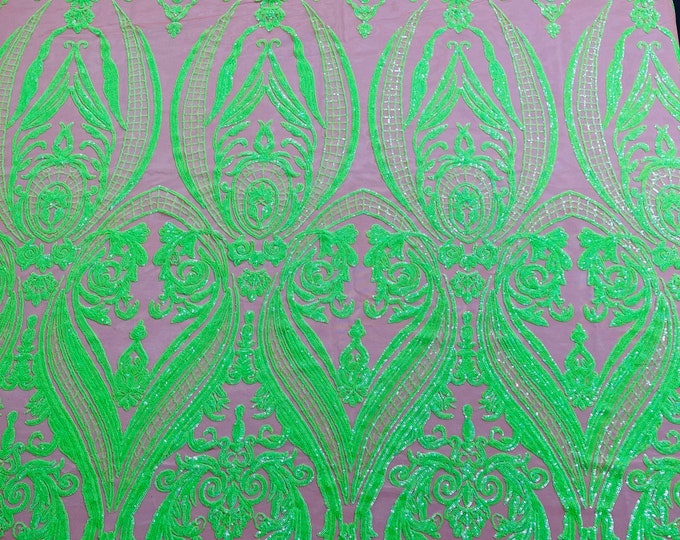 Neon green hologram empire damask design with sequins embroider on a nude 4 way stretch mesh fabric-sold by the yard.