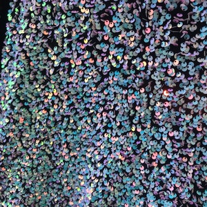 Unicorn Iridescent On black  stretch velvet with luxury sequins all over 5mm shining sequins 2-way stretch, sold by the yard.