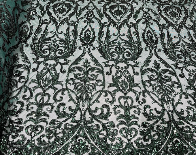 Hunter Green shiny sequin damask design on a 4 way stretch mesh-prom- sold by the yard.