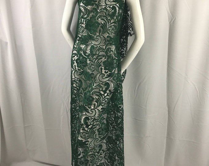 Hunter green floral guipure-chemical lace-dresses-fashion-apparel-nightgown-prom-decorations-sold by the yard.