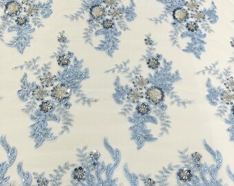 Gorgeous Light Blue French design embroider and beaded on a mesh lace. Wedding/Bridal/Prom/Nightgown fabric.