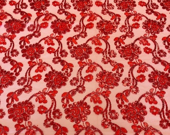 Red flower lace corded and embroider with sequins on a mesh-prom-nightgown-Sold by the yard.