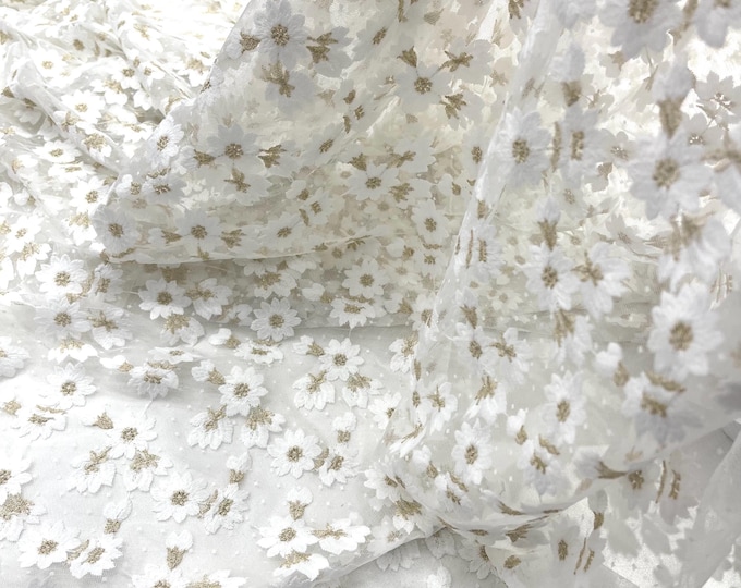 Ivory/Gold metallic French inspired embroidered lace fabric, delicate floral embroidery, soft off white dot tulle mesh and designer fashion
