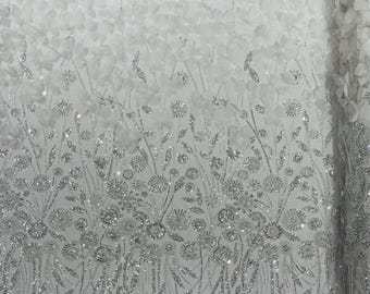 White - Luxury 3D Floral/Butterfly Beaded lace, by The Yard.