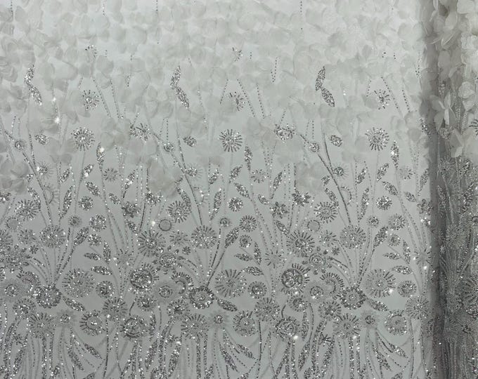 White - Luxury 3D Floral/Butterfly Beaded lace, by The Yard.
