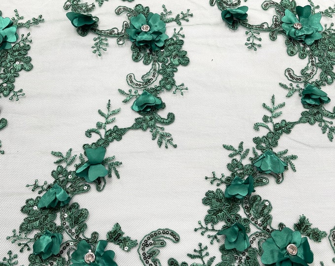 Hunter Green 3d floral design embroider and beaded with rhinestones on a mesh lace-prom-apparel-fashion-sold by yard.