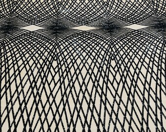 Black venom diamond web-embroider with sequins on a 4 way stretch dark nude mesh lace fabric-sold by the yard-