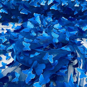Royal Blue 3D butterfly metallic design embroider on a mesh fabric - Sold By the Yard .