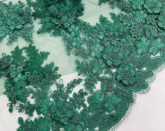 Hunter Green floral corded embroider with sequins on a mesh lace fabric-prom-sold by the yard.