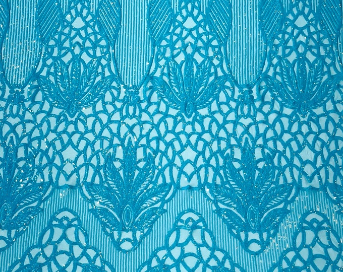 Turquoise glossy floral damask sequin design on a 4 way stretch mesh-prom-sold by the yard.