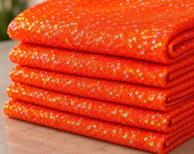 Neon Orange Iridescent Mermaid Fish Scale Sequin Mesh Fabric By The Yard, Stretch Costume Fabric, Prom Dress Fabric