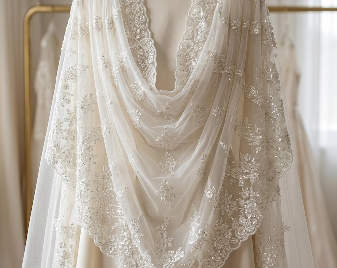 Ivory Floral Embroidered Beaded Mesh Lace Fabric By The Yard, French Sequin Bridal Lace For Wedding Dresses, Prom Gowns & Nightgowns