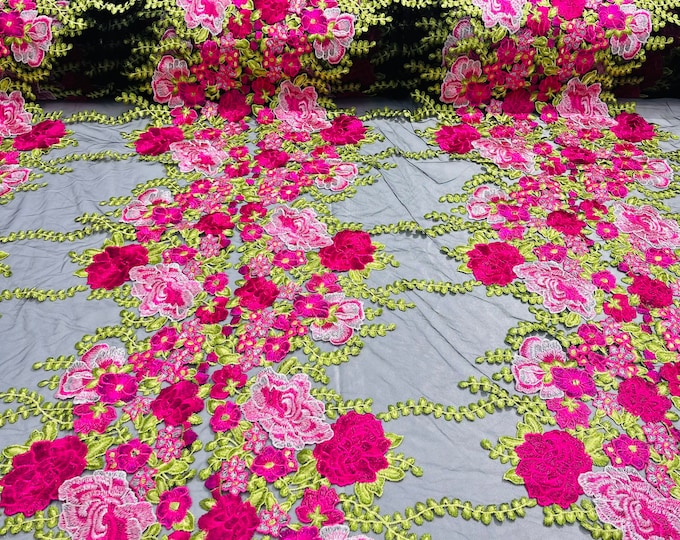 Fuchsia roses multi color floral design embroider on a black mesh lace fabric-sold by the yard.