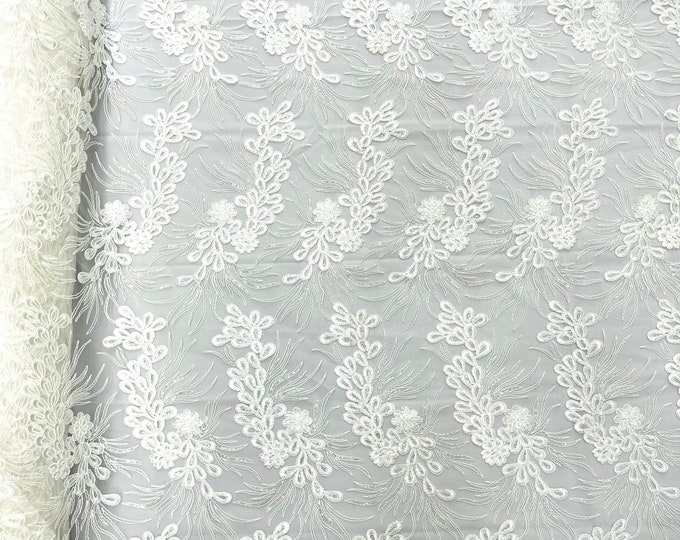 Ivory feather design lace with metallic cord and embroider with sequins on a mesh-Sold by the yard.