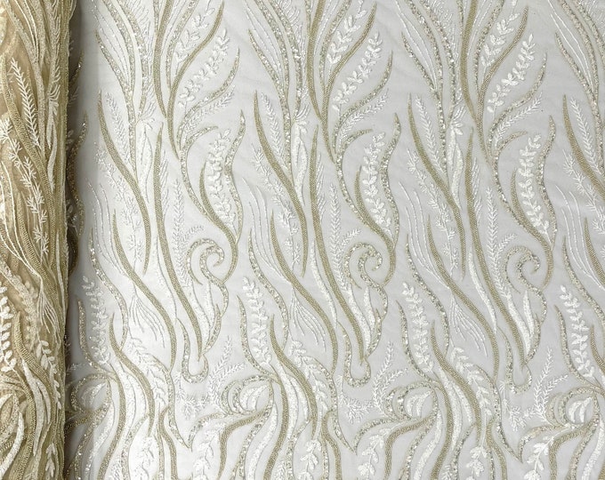 Beige feather damask embroider with sequins and clear heavy beaded on a mesh lace fabric-sold by the yard-