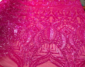 Neon pink Fuchsia  royalty sequin design on a 4 way stretch mesh-prom-nightgown-sold by the yard.