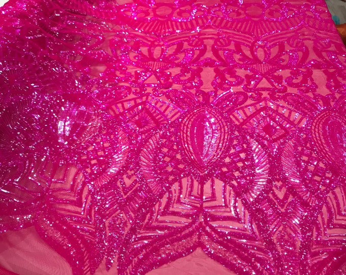 Neon pink Fuchsia  royalty sequin design on a 4 way stretch mesh-prom-nightgown-sold by the yard.