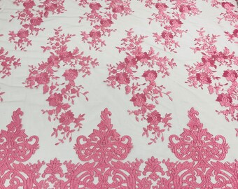 Candy Pink flowers flat lace embroider on a 2 way stretch mesh sold by the yard.