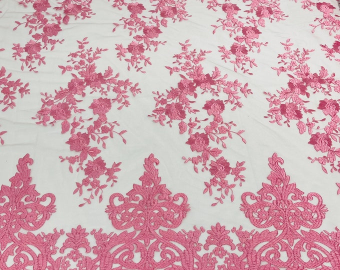 Candy Pink flowers flat lace embroider on a 2 way stretch mesh sold by the yard.