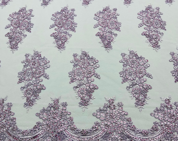 Lilac corded embroider with sequins on a mesh lace fabric-prom-sold by the yard.