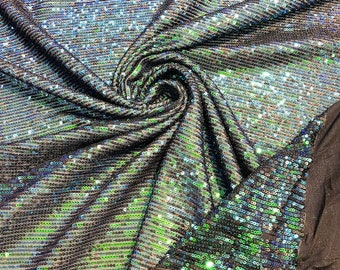 Green iridescent chain shiny sequins design on a Black 4 way stretch mesh fabric -prom-sold by the yard.