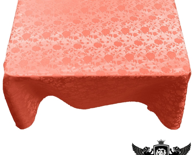 Coral Square Tablecloth Roses Jacquard Satin Overlay for Small Coffee Table Seamless.