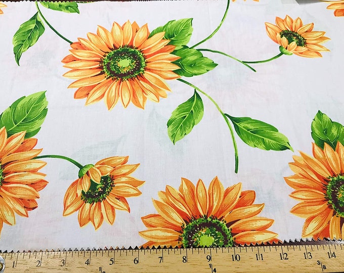 Sunflower On White 58/59" Wide 65% Polyester 35 percent Cotton Fabric, Sunflower Print, Good to Make Face Mask Covers, Sold By The Yard.