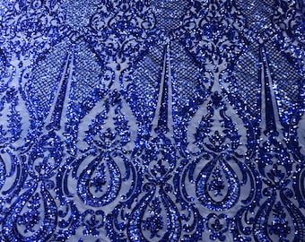 Royal blue princess design embroider with shiny sequins on a 4 way stretch power mesh-dresses-fashion-prom-nightgown-sold by the yard.