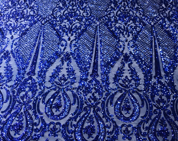 Royal blue princess design embroider with shiny sequins on a 4 way stretch power mesh-dresses-fashion-prom-nightgown-sold by the yard.