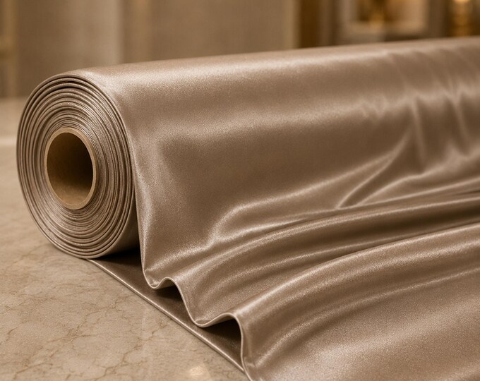 Dark Taupe Heavy Shiny Satin Stretch Spandex Fabric 58" Wide, Taupe Satin Fabric By The Yard, Prom Dress & Gown Fabric