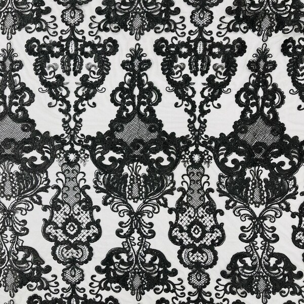 Black Embroidery Damask Design With Sequins On A Mesh Lace Fabric/Prom/Wedding.