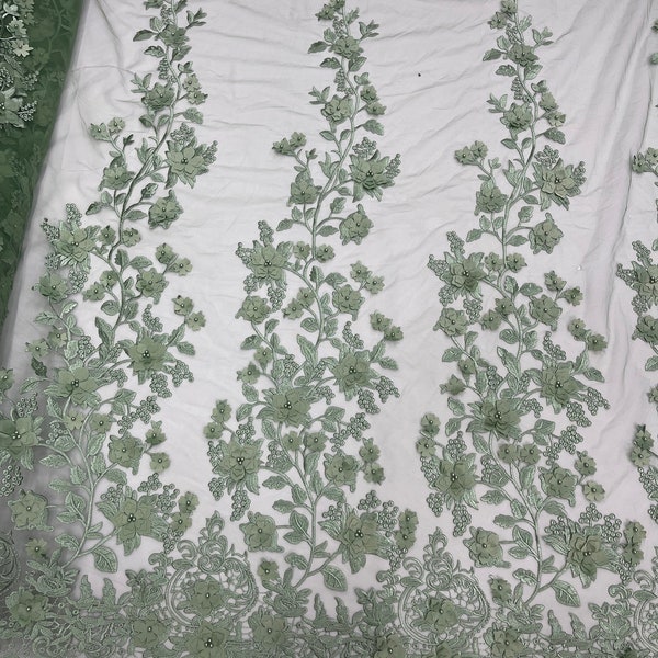 Sage Green princess 3d floral design embroider and beaded with pearls on a mesh lace-prom-nightgown-dresses-fashion-apparel-sold by yard.