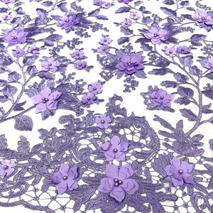 White 3d floral princess design embroidery with pearls and sequins on a mesh lace-dresses-apparel-prom-nightgown-fashion-sold by the yard.