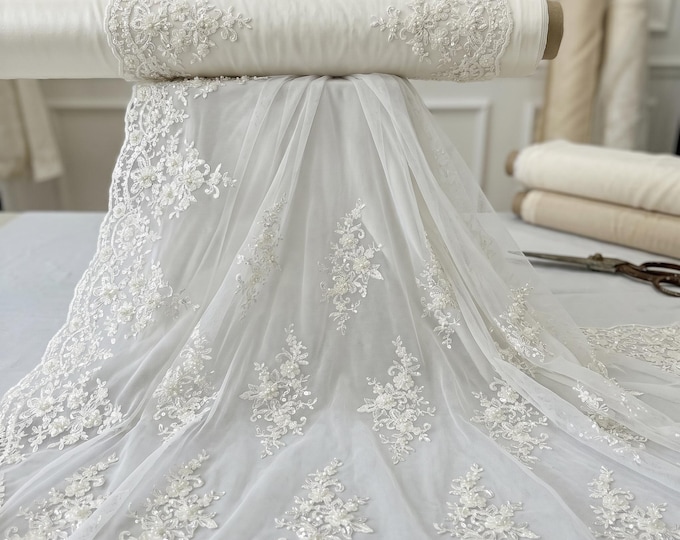 White Floral Beaded Lace Fabric By The Yard, Embroidered Mesh Lace With Sequins For Bridal Wedding Dress & Couture Gowns