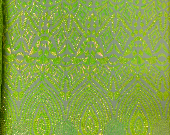 Neon Green iridescent diamond design with sequins on a 4 way stretch mesh-prom-nightgown-sold by the yard-free shipping in the USA.