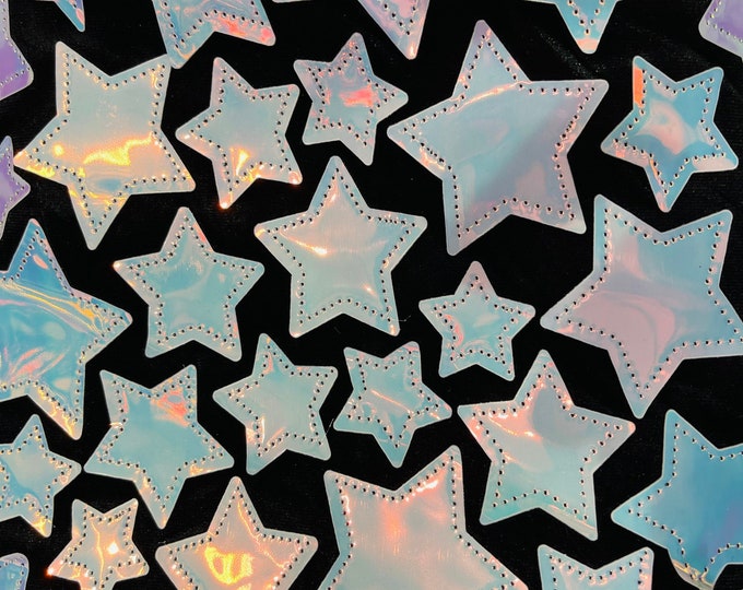 Aqua Iridescent sequin Stars On Black Stretch Velvet Fabric Sold By The Yard.