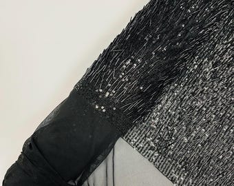 Black-Vegas Beaded Sequin Stretch Mesh Fabric, Embroidered Design for Prom Gown, by The Yard