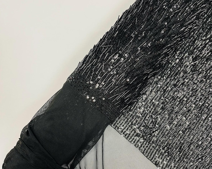 Black-Vegas Beaded Sequin Stretch Mesh Fabric, Embroidered Design for Prom Gown, by The Yard