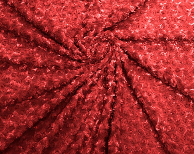 Red 58" Wide Minky Swirl Rose Blossom Ball Rosebud Plush Fur Fabric Polyester