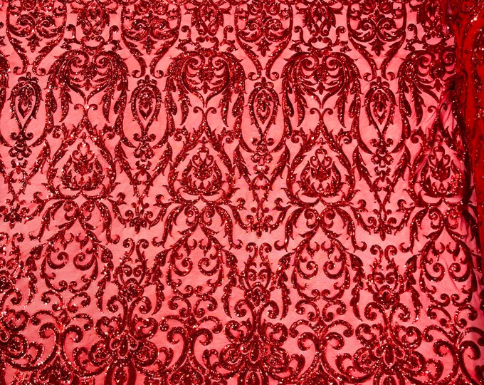 Red shiny King Damask sequin design on a 4 way stretch mesh fabric-prom-sold by the yard.