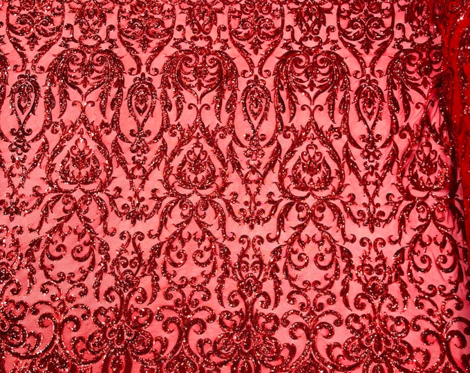 Red shiny King Damask sequin design on a 4 way stretch mesh fabric-prom-sold by the yard.