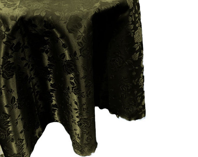 Olive Green Round Tablecloth Roses Jacquard Satin Overlay for Small Coffee Table Seamless.