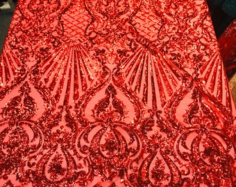 Red shiny sequin damask design on a 4 way stretch mesh-prom-nightgown-sold by the yard-free shipping in the usa-