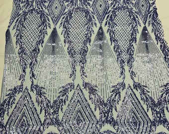 Navy geometric diamond design with shiny sequins on a light blue 4 way stretch mesh-dresses-prom-nightgown-sold by the yard-